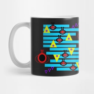 Warning Aliens Up Ahead! A fun abstract design in bright blue, red, yellow and purple. Perfect for fans of sci-fi and retro arcade games. Mug